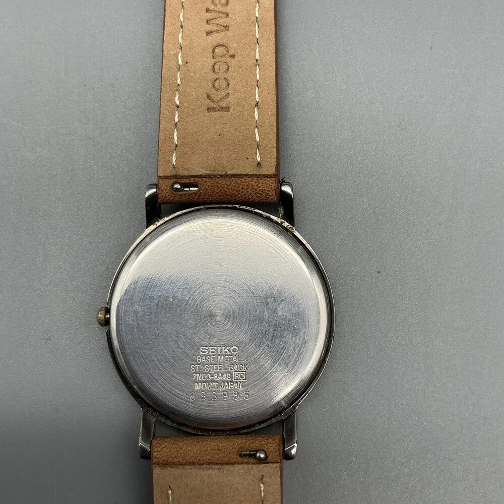 Vintage Seiko 7N00-8A49 Mens Watch 34mm Black Dial Diamond Leather New Battery